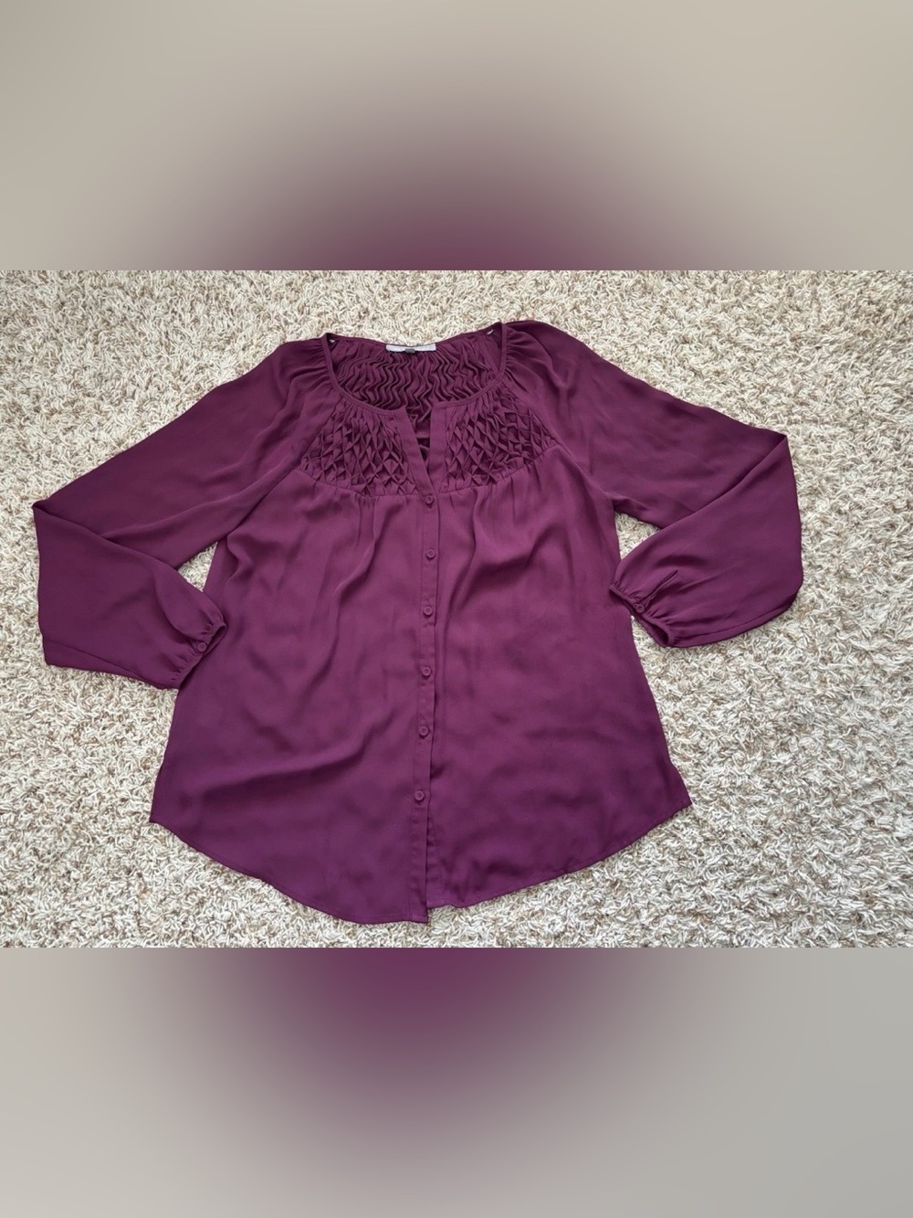 Daniel Rainn Plum Smocked Yoke Button-Front Blouse Size M